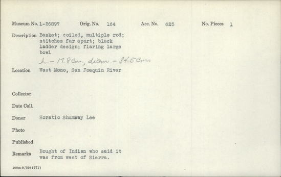 Documentation associated with Hearst Museum object titled Bowl basket, accession number 1-26897, described as Coiled, multiple rod; stitches far apart; black ladder design; flaring large bowl.