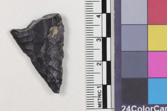 Hearst Museum object 2 of 2 titled Projectile point fragment, accession number 16-14235, described as Projectile point; obsidian; triangular; weight: 3.83 grams; length: 3.25 cm; width: 2.23 cm; depth: 0.6 cm; straight sides, broken base.