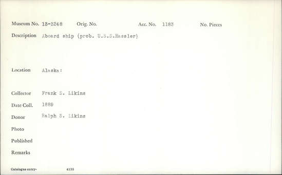 Documentation associated with Hearst Museum object titled Photograph, accession number 13-3248, described as Aboard ship (prob. U.S.S. Hassler)