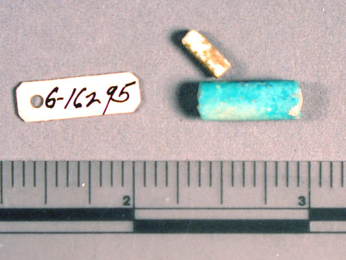 Hearst Museum object titled Beads, accession number 6-16295, described as Beads: 1 large blue cylindrical 1 small green cylindrical