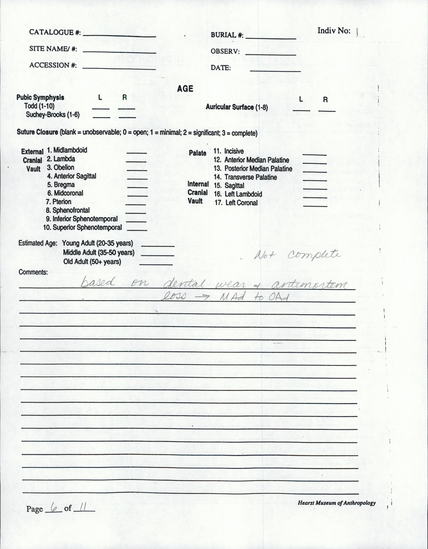 Documentation associated with Hearst Museum object titled Human remains, accession number 12-9932(0), described as The incomplete remains of a middle to old adult, probably female.