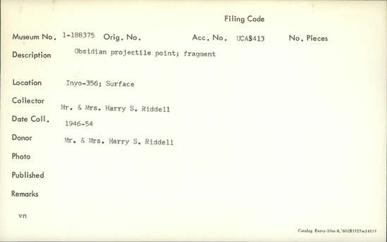 Documentation associated with Hearst Museum object titled Projectile point fragment, accession number 1-188375, described as Obsidian projectile point fragment.