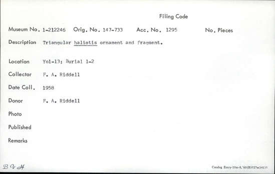 Documentation associated with Hearst Museum object titled Pendant fragment, accession number 1-212246, described as Triangular haliotis.