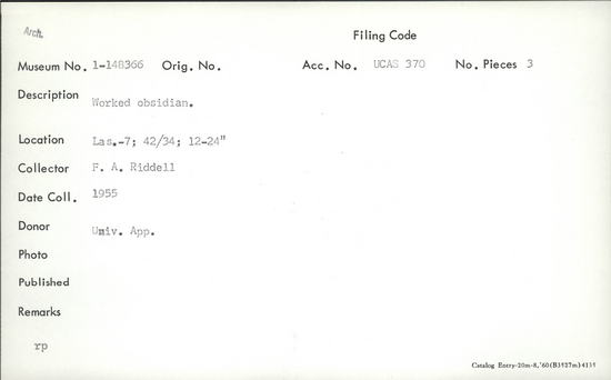 Documentation associated with Hearst Museum object titled Lithic, accession number 1-148366, described as Worked.