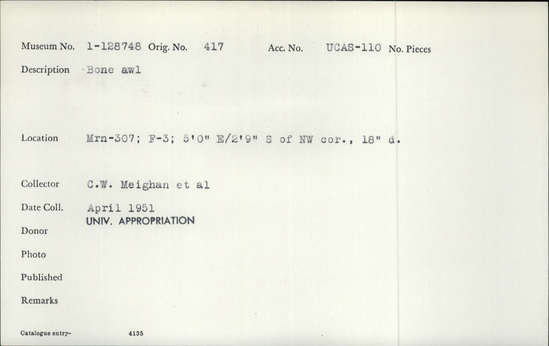 Documentation associated with Hearst Museum object titled Awl, accession number 1-128748, described as Bone awl. Notice: Image restricted due to its potentially sensitive nature. Contact Museum to request access.