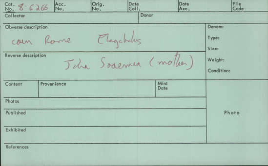 Documentation associated with Hearst Museum object titled Coin: æ, accession number 8-6266, described as Coin: AE; JULIA.SOAEMIAS - 19.92 grms. Obverse: IVLIA SOAE MIAS AVG - bust facing right, draped, diademed. Reverse: VEN[VS CAELESTIS], SC in ex - Venus (Greek: Aphrodite) seated l. holding apple & Sceptre: child at her feet