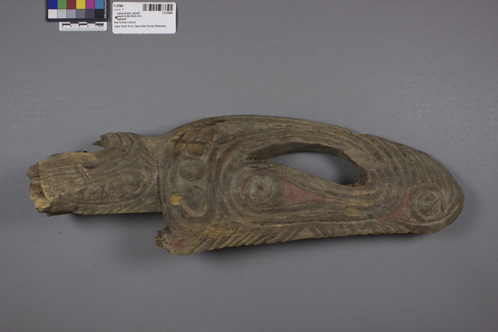 Hearst Museum object 1 of 4 titled Canoe prow, accession number 11-37664, described as Canoe prow, carved wood, from a river canoe; stylized head of a crocodile with upturned snout; red pigment in excised areas of design; 50.8 cm 1.