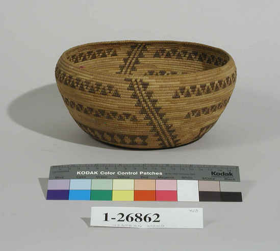 Hearst Museum object titled Bowl basket, accession number 1-26862, described as Coiled bowl with slightly incurved rim; 4 encircling bands of black broken by 2 diagonals. Material from west of Sierra.