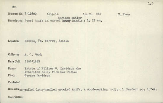Documentation associated with Hearst Museum object titled Knife, accession number 2-19200, described as Steel knife in curved caribou antler handle.  So-called long-handled crooked knife.