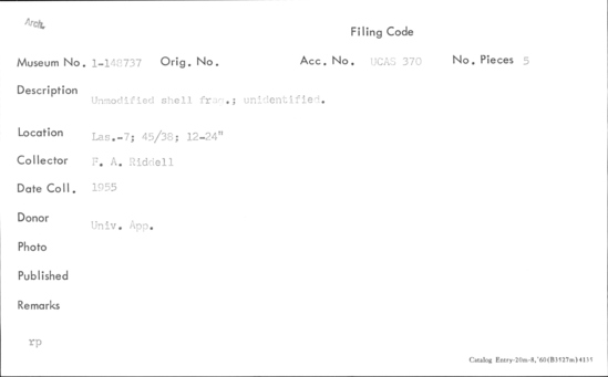 Documentation associated with Hearst Museum object titled Shell, accession number 1-148737, described as Unmodified, unidentified.