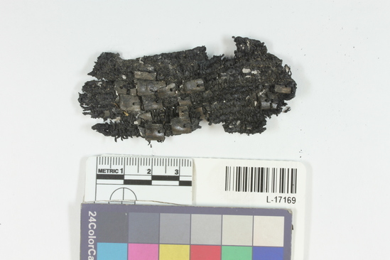 Hearst Museum object 8 of 16 titled Beaded basketry fragment, accession number L-17169, described as charred basketry in Riker mount.