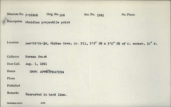 Documentation associated with Hearst Museum object titled Stone point, accession number 2-32509, described as Obsidian projectile point