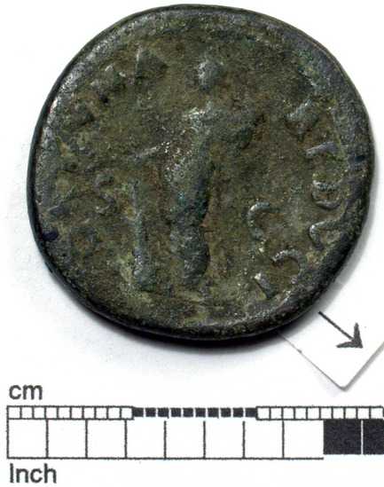 Hearst Museum object 4 of 8 titled Coin: æ as, accession number 8-6404, described as Coin; Æ; aes grave; as; Vespasian - 12.65 grams. Obverse: IMP CAES VESPASIAN AVG COS III - Head laureate facing right. Reverse: FORTVNAE REDVCI - SC in field - Fortuna standing facing left holding rudder on globe and cornucopiae.