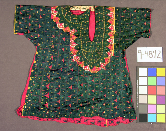 Hearst Museum object titled Blouse, accession number 9-4842, described as Blouse, woman’s; spangled, dark green embroidery on red silk to simulate peacock feathers.