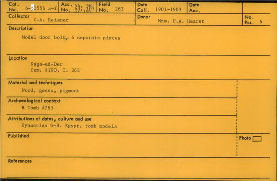 Documentation associated with Hearst Museum object titled Door bolts, accession number 6-23556, described as Model door bolts, 6 separate pieces.