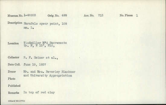 Documentation associated with Hearst Museum object titled Point, accession number 1-46203, described as Hornfels spear point.