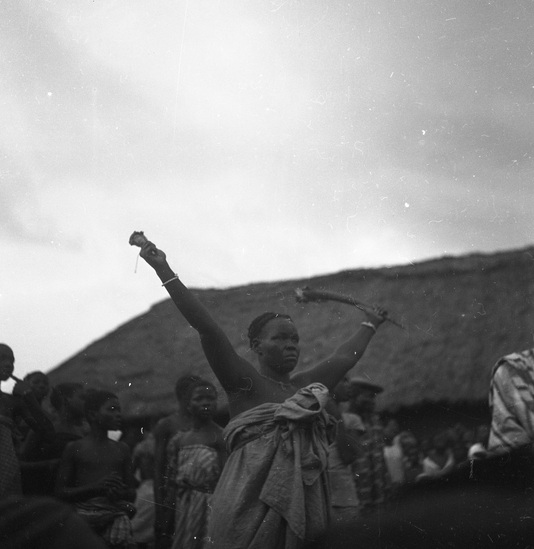 Hearst Museum object titled Black-and-white negative, accession number 15-31039, described as Black-and-white negative, Nigeria, Meko, Atinga dancer, 1950-1951