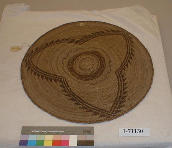 Hearst Museum object titled Basket, accession number 1-71130, described as Basketry tray, twined.