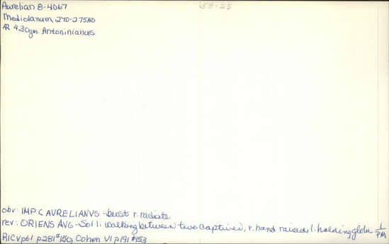 Documentation associated with Hearst Museum object titled Coin: billon antoninianus, accession number 8-4067, described as Coin; Billon; Antoninianus; Roman. 4.30 grams, 26 mm. Aurelian, 270-275 AD. Rome, Italy. Obverse: IMP C AVRELIANVS, Bust r. radiate. Reverse: ORIENS AVG, Sol l., between two captives, in exergue P M