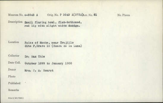 Documentation associated with Hearst Museum object titled Bowls (2), accession number 4-3043a, described as Small flaring bowl, flat-bottomed, red lip with slight white design.