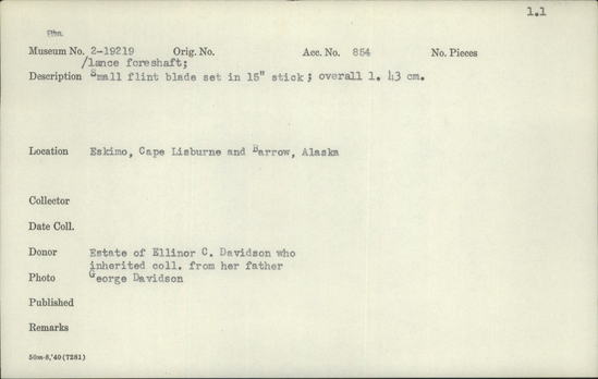 Documentation associated with Hearst Museum object titled Lance foreshaft, accession number 2-19219, described as Small flint blade set in stick.