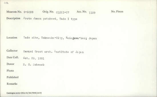 Documentation associated with Hearst Museum object titled Potsherd, accession number 9-5098, described as Proto Jomon potsherd, Tado I type