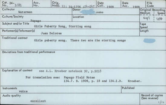 Documentation associated with Hearst Museum object titled Audio recording, accession number 24-1681, described as Girls' Puberty Song