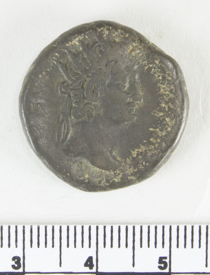 Hearst Museum object 7 of 10 titled Coin: billon tetradrachm, accession number 6-22576, described as head of Nero, left. radiate, wearing aegis