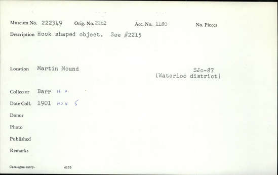 Documentation associated with Hearst Museum object titled Fishhook, accession number 1-222349, described as Bone fishhook