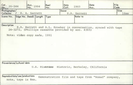 Documentation associated with Hearst Museum object titled Motion picture film, accession number 26-544, described as Samuel A. Barrett and Alfred L. Kroeber in conversation, synced with tape 24-3272. (Phillips cassette provided by acc. 4365). Tape is 8 mm. Also a VHS tape.