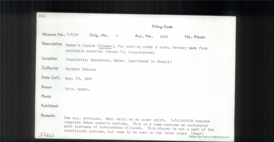 Documentation associated with Hearst Museum object titled Blouse, accession number 7-5118, described as Woman’s blouse (bluska); for wearing under a coat; factory made from synthetic material (rayon?); long-sleeved