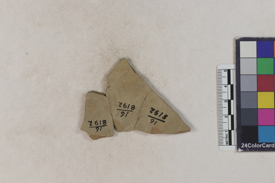 Hearst Museum object 140 of 183 titled Potsherd, accession number 16-8192, described as Potsherd: bodys Section of Manta on beach currently inhabited. Numbers  8111 to 8194 are sherds picked up on beach at low tide.