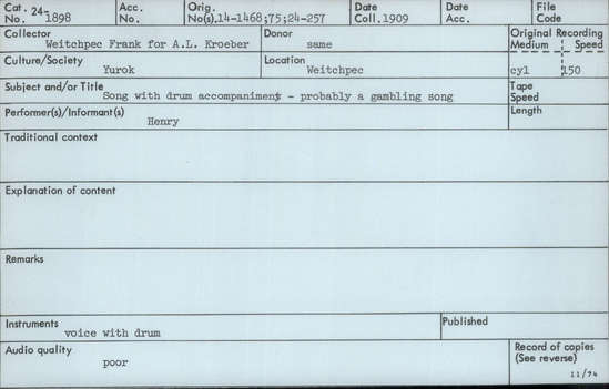 Documentation associated with Hearst Museum object titled Audio recording, accession number 24-1898, described as Gambling Song