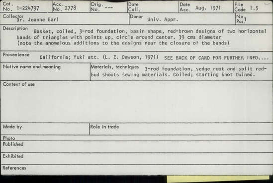 Documentation associated with Hearst Museum object titled Basket, accession number 1-224797, described as Coiled, 3-rod foundation, basin shaped, red-brown designs of two horizontal bands of triangles with points up, circle around center.  Note the anomalous additions to the designs near the closure of the bands. Sedge root and split redbud shoots sewing materials. Starting knot twined.