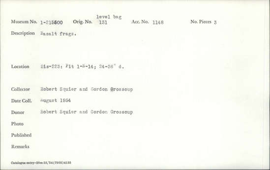 Documentation associated with Hearst Museum object titled Basalt fragments, accession number 1-215500, described as Basalt fragments