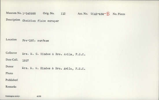 Documentation associated with Hearst Museum object titled Scraper, accession number 1-143595, described as Obsidian flake.
