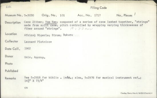 Documentation associated with Hearst Museum object titled Zither, accession number 5-3030, described as Cane Zither; Yom Kwo; composed of a series of cane lashed together, "stings" made from split cane; pitch controlled by wrapping varying thicknesses of fiber around "strings".