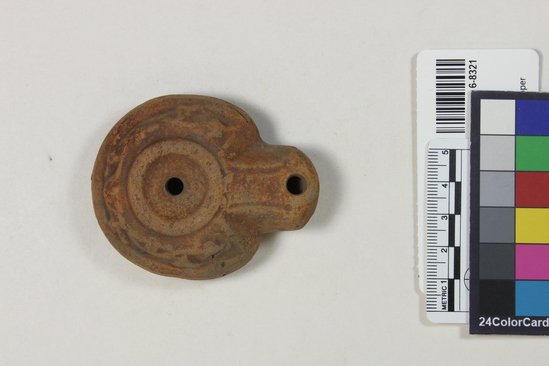 Hearst Museum object 3 of 7 titled Oil lamp, accession number 6-8321, described as Pottery lamp, classic type.