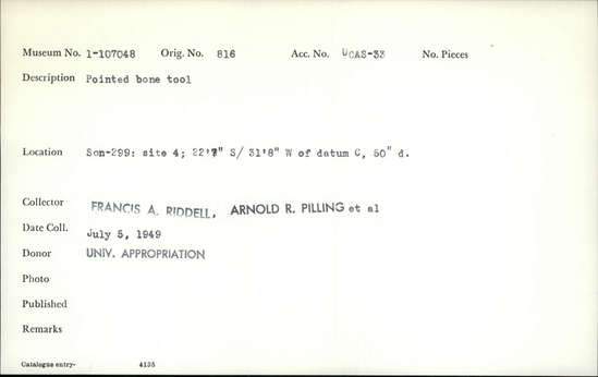 Documentation associated with Hearst Museum object titled Worked bone, accession number 1-107048, described as Pointed bone tool.