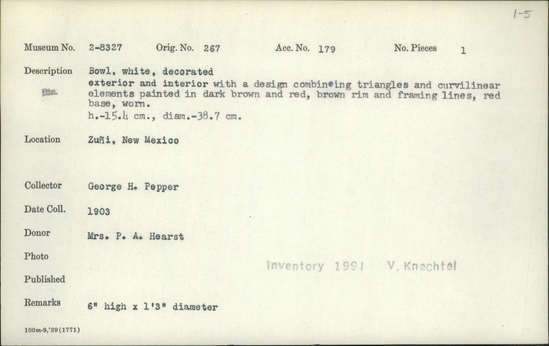 Documentation associated with Hearst Museum object titled Bowl, accession number 2-8327, described as White, decorated exterior and interior with a design combining triangles and curvilinear elements painted in dark brown and red, brown rim and framing lines, red base, worn.
