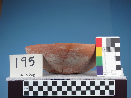 Hearst Museum object 29 of 66 titled Broken bowl, accession number 6-5728, described as Pottery: smooth pinkish bowl, broken burnished lines inside and out.  Diameter 20cm, height 6cm.