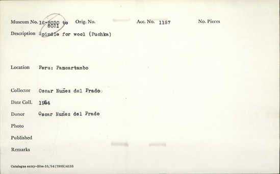 Documentation associated with Hearst Museum object titled Spindle (textile working equipment), accession number 16-8030, described as Puchka spindle for wool