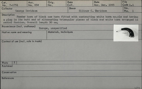 Documentation associated with Hearst Museum object titled Powder horn, accession number 7-1751, described as Powder horn of black cow horn fitted with contrasting white horn nozzle and having a plug in its butt end of alternating triangular pieces of black and white horn arranged in radial fashion.