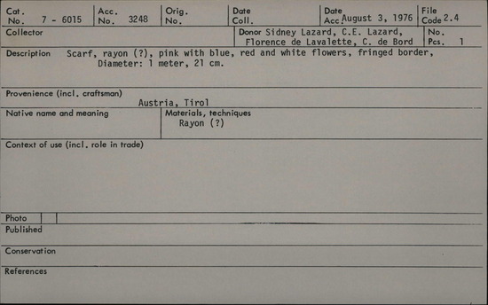 Documentation associated with Hearst Museum object titled Shawl, accession number 7-6015, no description available.