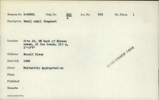 Documentation associated with Hearst Museum object titled Shell fragment, accession number 1-33951, described as Small shell fragment