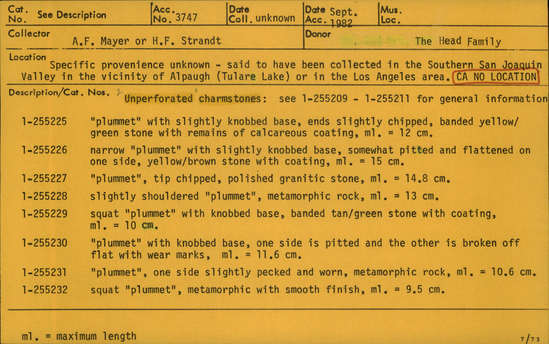 Documentation associated with Hearst Museum object titled Charmstone, accession number 1-255227, described as Unpeforated charmstone; “plummet’, tip chipped, polished, metamorphic rock