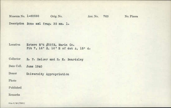 Documentation associated with Hearst Museum object titled Awl fragment, accession number 1-60230, described as Bone.