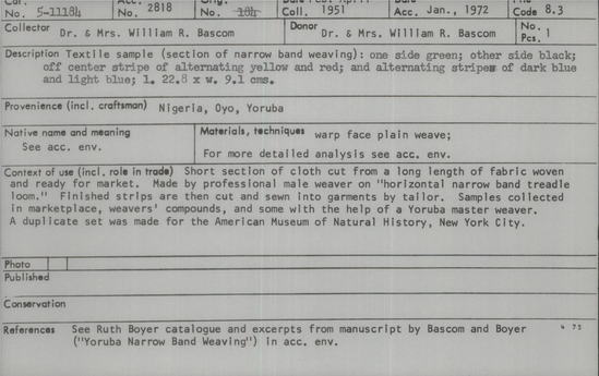 Documentation associated with Hearst Museum object titled Textile sample, accession number 5-11184, described as textile sample (section of narrow band weaving):  one side green; other side black; off center stripe of alternating yellow and red;  and alternating stripes of dark blue and light blue;  l. 22.8 x w. 9.1 cms.