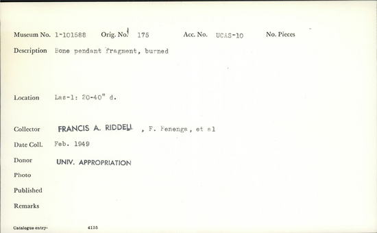 Documentation associated with Hearst Museum object titled Pendant fragment, accession number 1-101588, described as Bone pendant, burned.