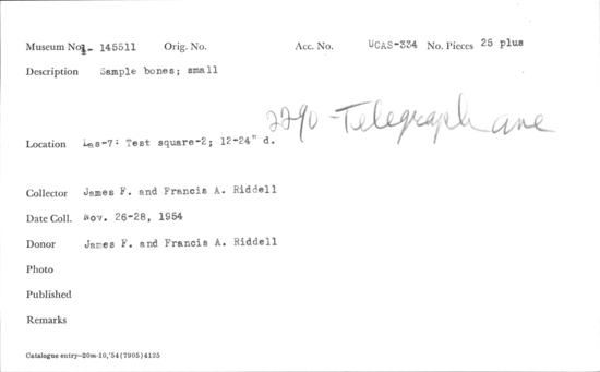 Documentation associated with Hearst Museum object titled Faunal remains, accession number 1-145511, described as Sample bones: fragments, small